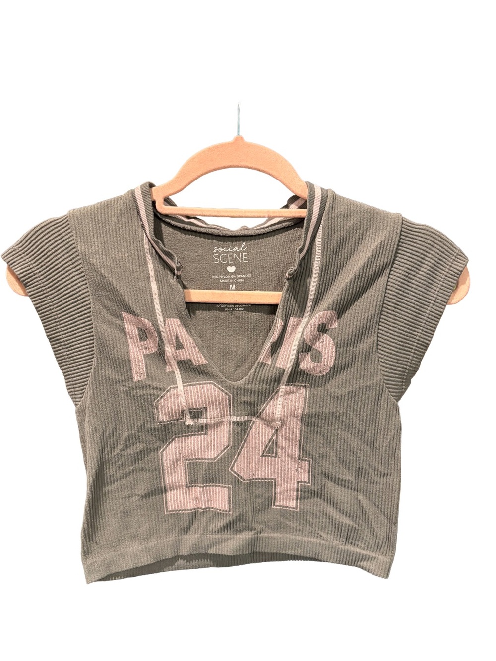 Social Scene Olive Green Ribbed V-Neck Crop Top with Pink 'PARIS 24' Graphic